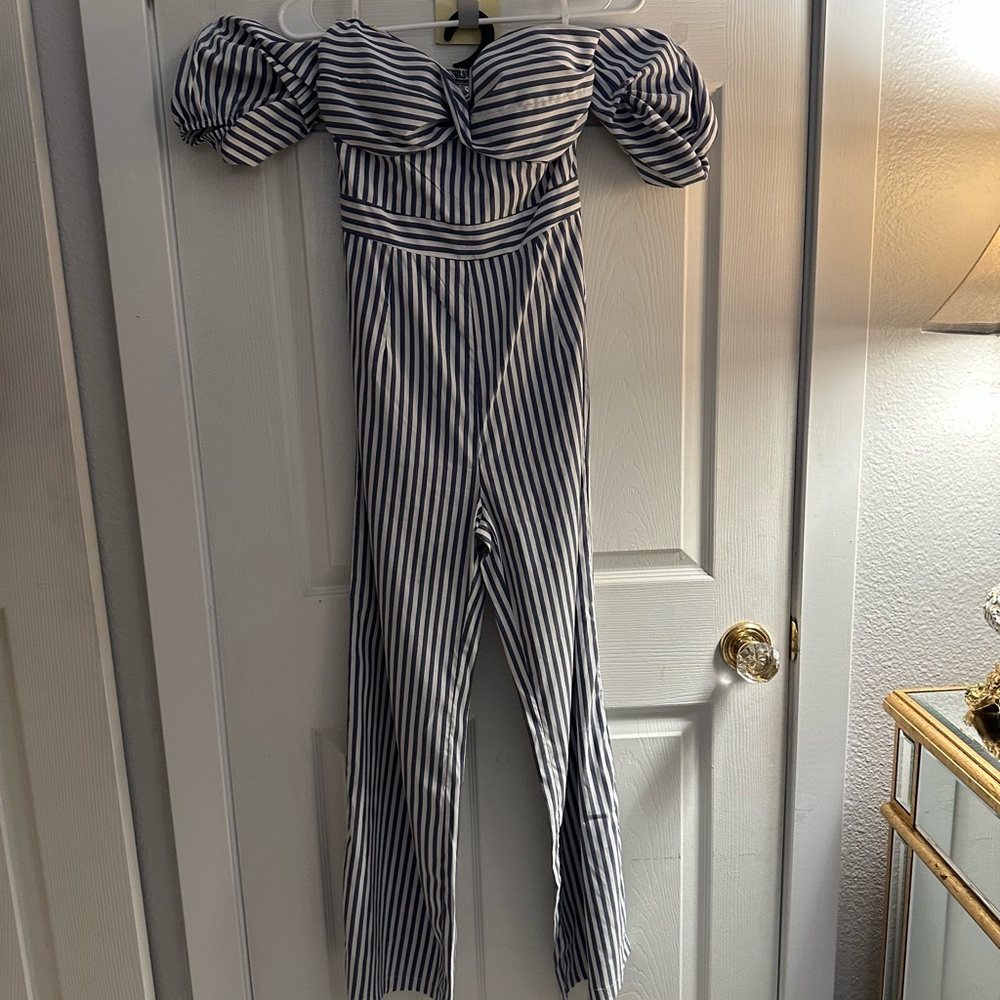 a'gaci Blue and White Striped Off-Shoulder Jumpsuit
